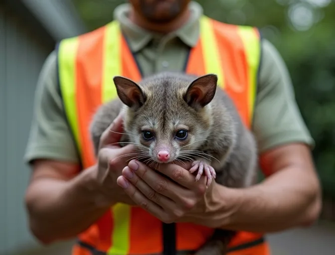 Animal handler safely recovering a deceased possum in Tyabb